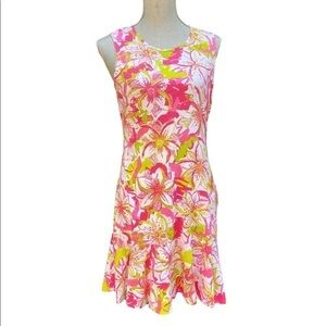 THREE Friends Dress Pink Green Floral Ruffle Hem Size Small